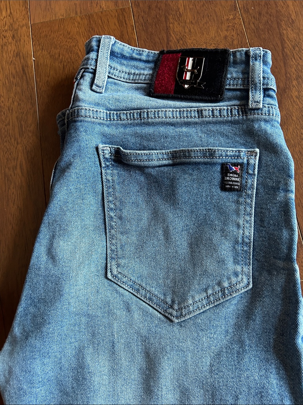 Thom Browne Blue Slim Straight Jeans with Signature Button